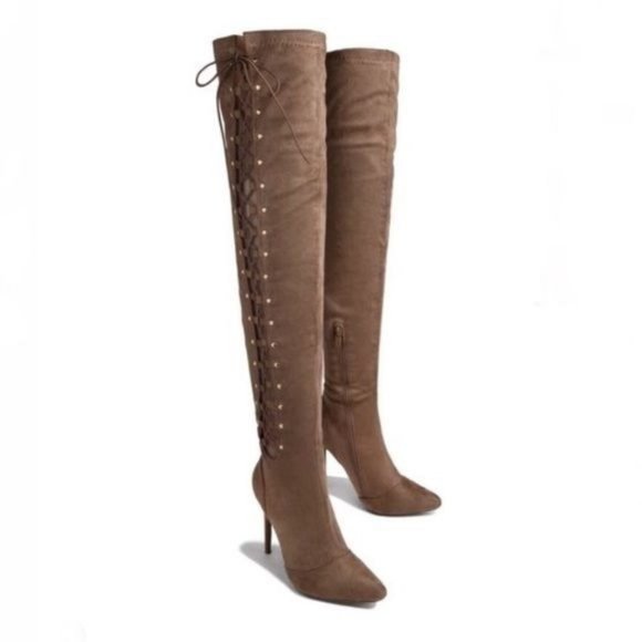 !! NEW !! Side Lace Up Over The Knee Boots in Taupe - Picture 4 of 4